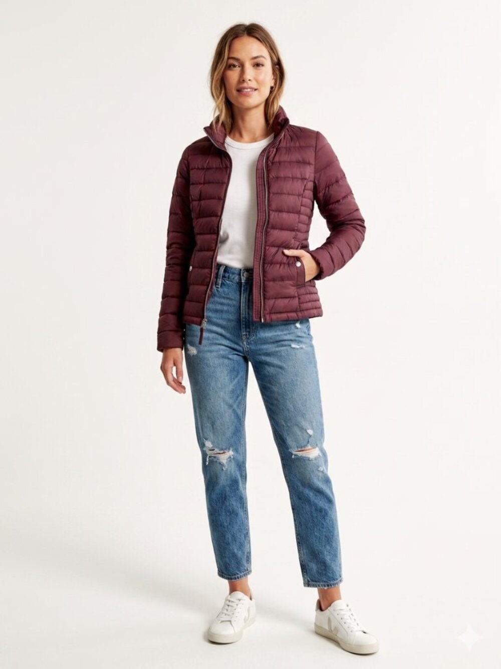 *Abercrombie & Fitch Maroon Down Puffer Jacket Slim Fit Quilted Lightweight XS